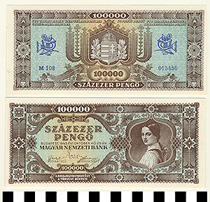 Thumbnail of Bank Note: Hungary, 100,000 Pengo (1992.23.0727)