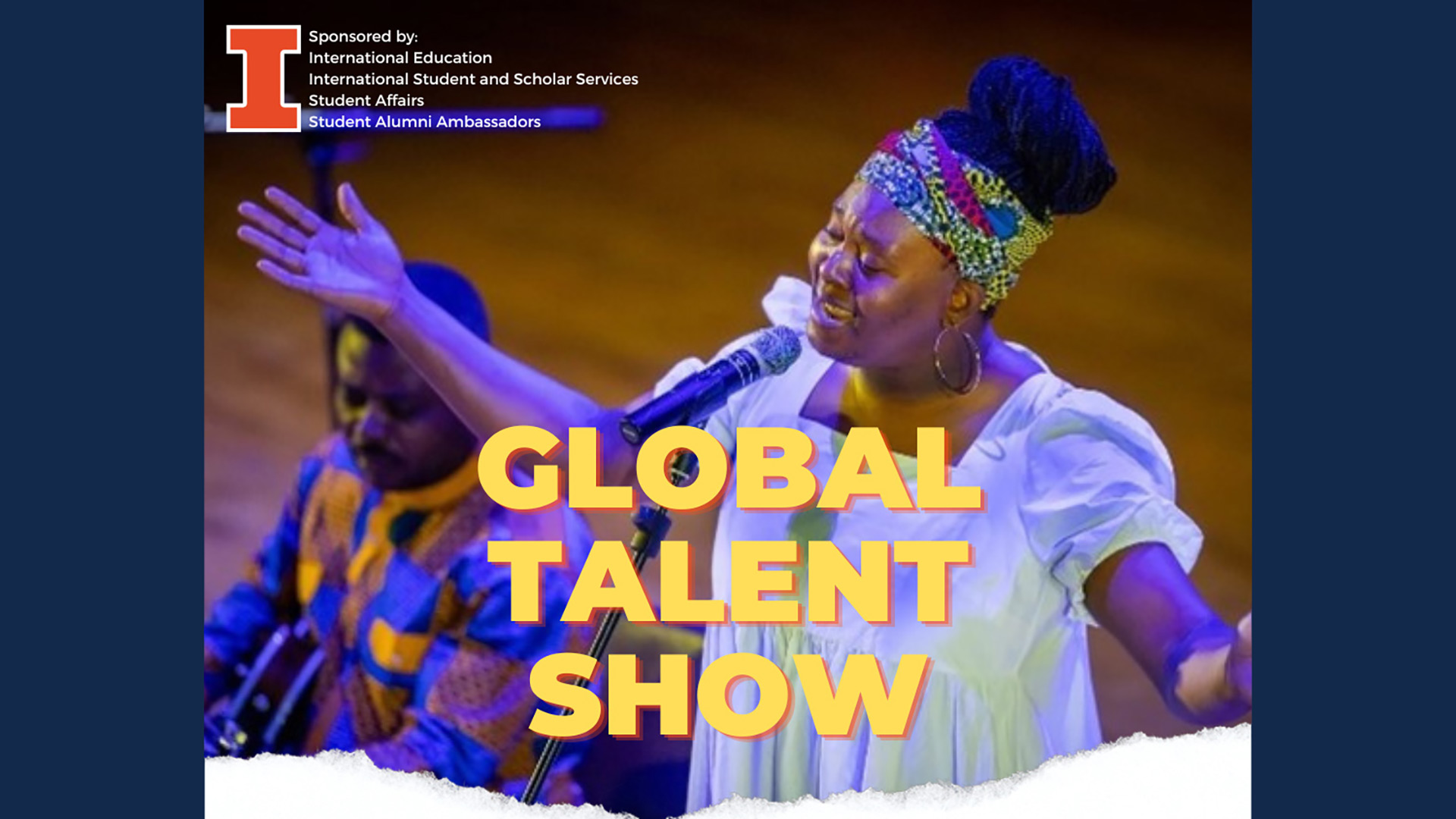 Global Talent Show banner with Black singer performing