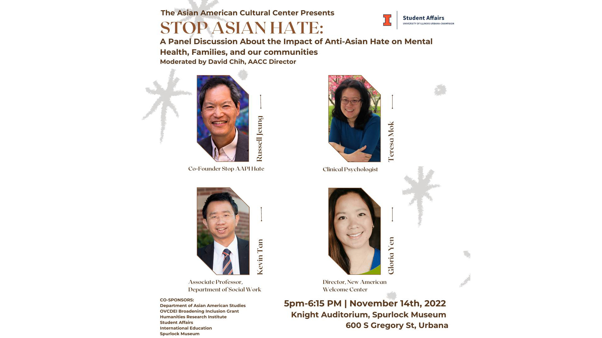 Poster reading, "Stop Asian Hate," with portraits of the four panelists.