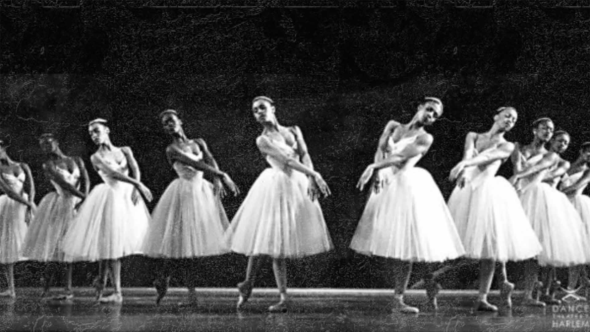 Ten ballet performers in a v shaped position all pose in a classic ballet pose