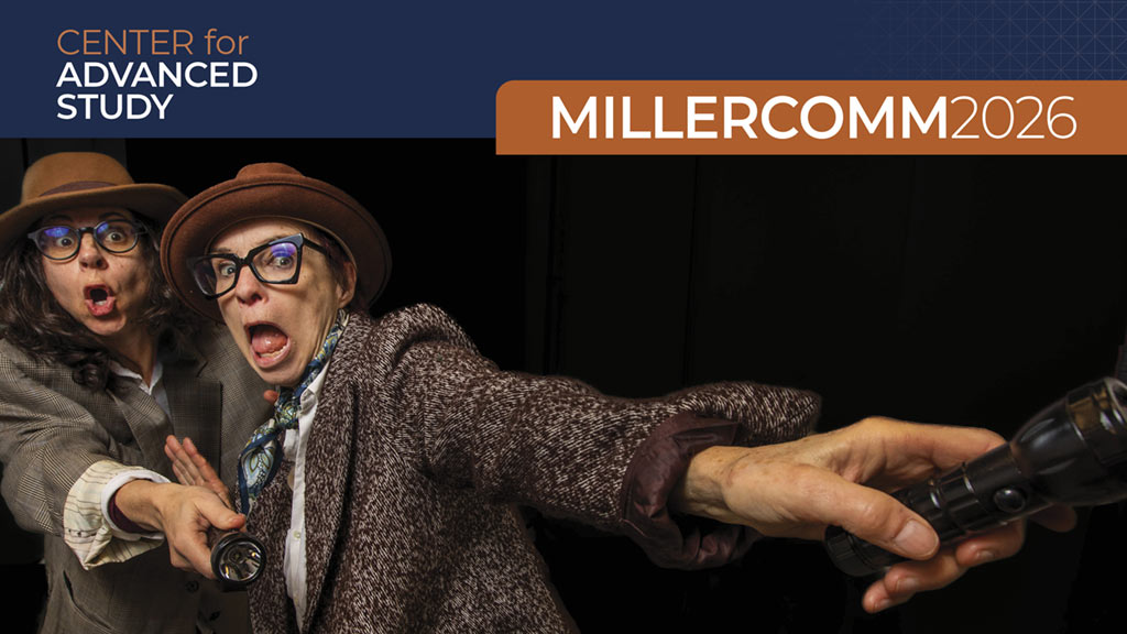 side-by-side photos of two women on stage, one seated listening to something off camera, and another speaking into a microphone