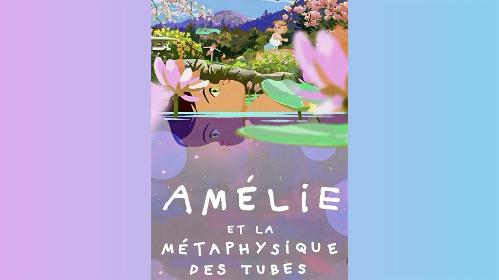 movie poster of a young girl floating in pond in Japan as she looks up at the sky and a paralell version of her subtly looks down into the water below