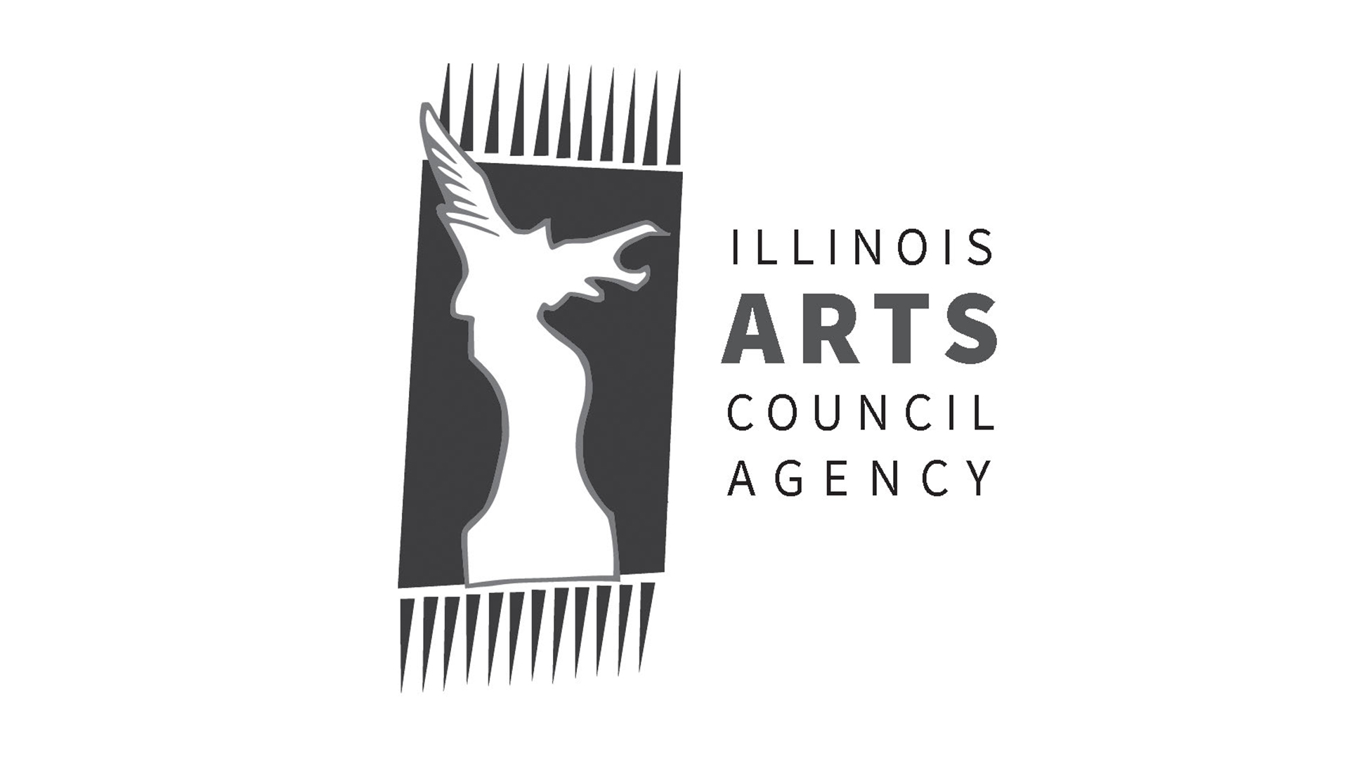 Illinois Arts Council greyscale logo of a textile overlaid by a winged figure silhouette