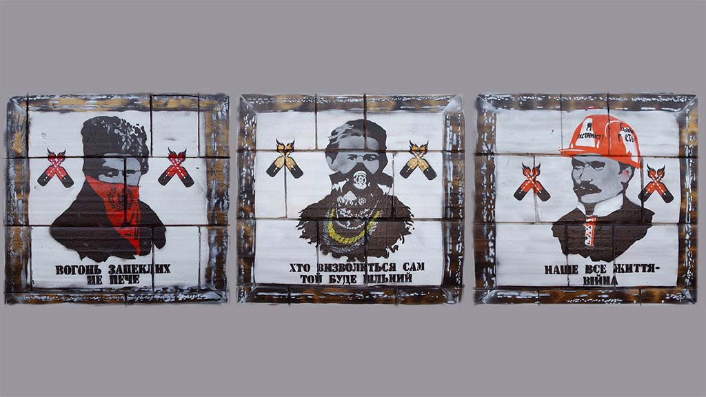 excerpt of a poster with three square paintings of men with bandanas and hats, molotov cocktails, and text in cyrillic