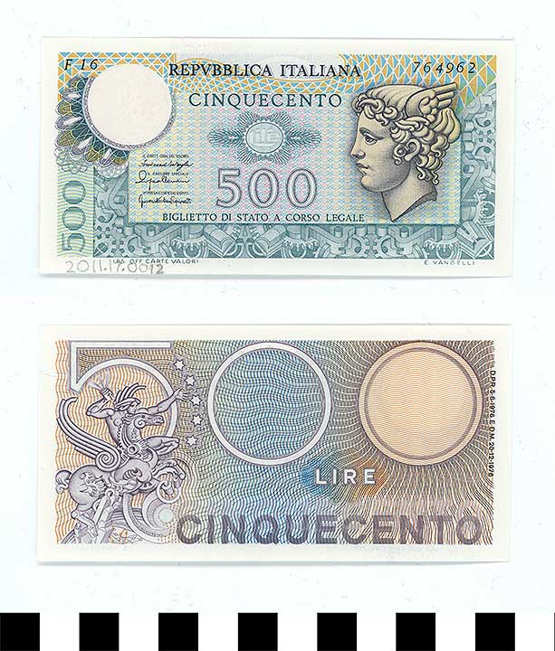 Thumbnail of Bank Note: Italy, 500 Lire (2011.17.0012)
