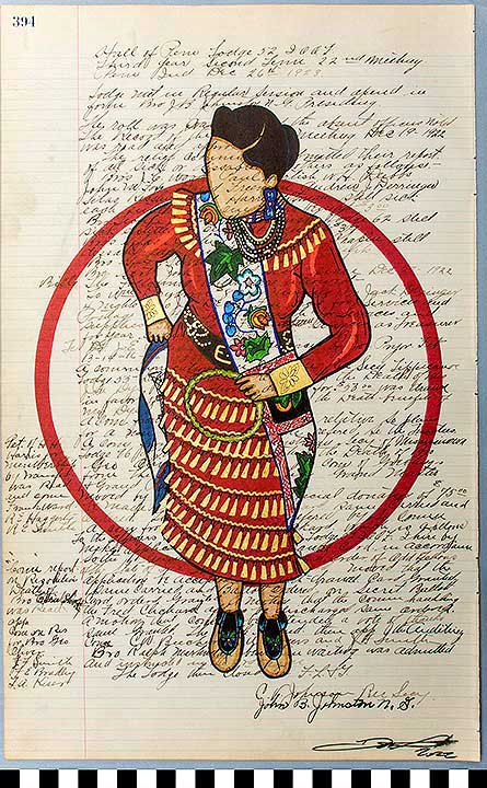 Thumbnail of Ledger Painting: Grand Entry, Niigaane binesikwe (Head Bird Woman) (2022.03.0004)
