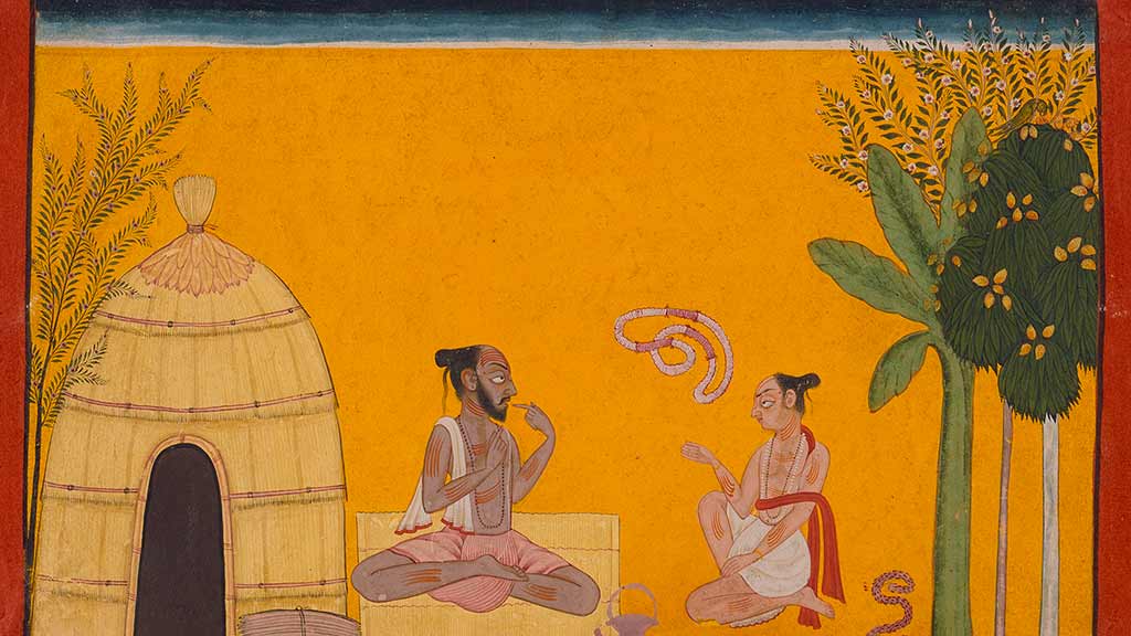 The sage Valmiki and pupil Bharadvaja sit next to green trees and a yellow hut on a mustard yellow background with a red frame