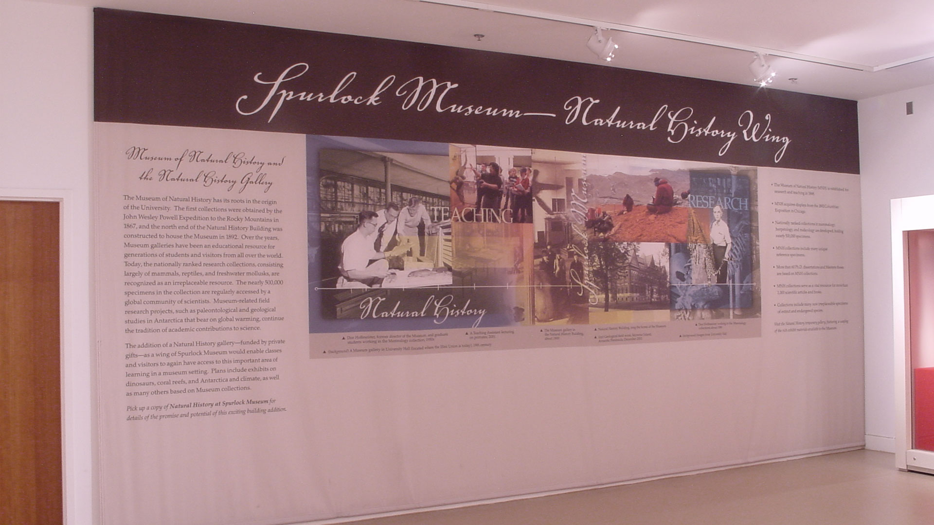view of wall that says Spurlock Museum—Natural History Wing with a collage of images and text explaining the wing
