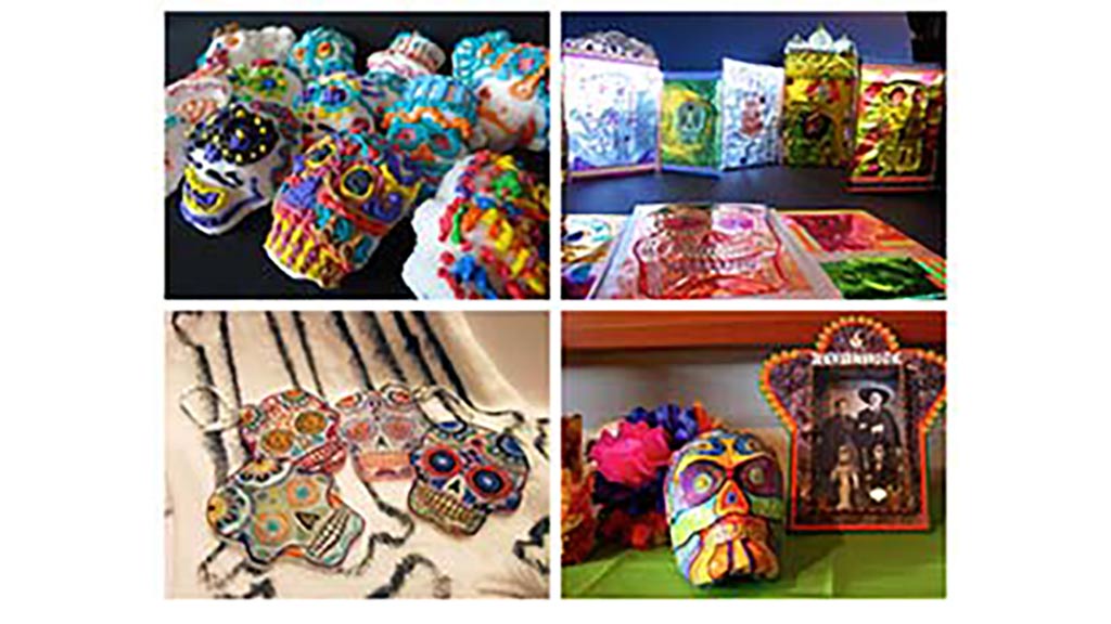 2 by 2 grid of scenes of Day of the Dead crafts