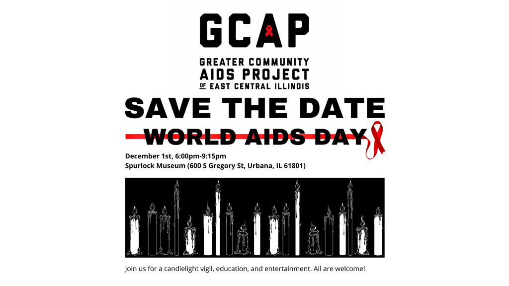Flyer reading, "Save the Date World AIDS Day" with black and white candles. 