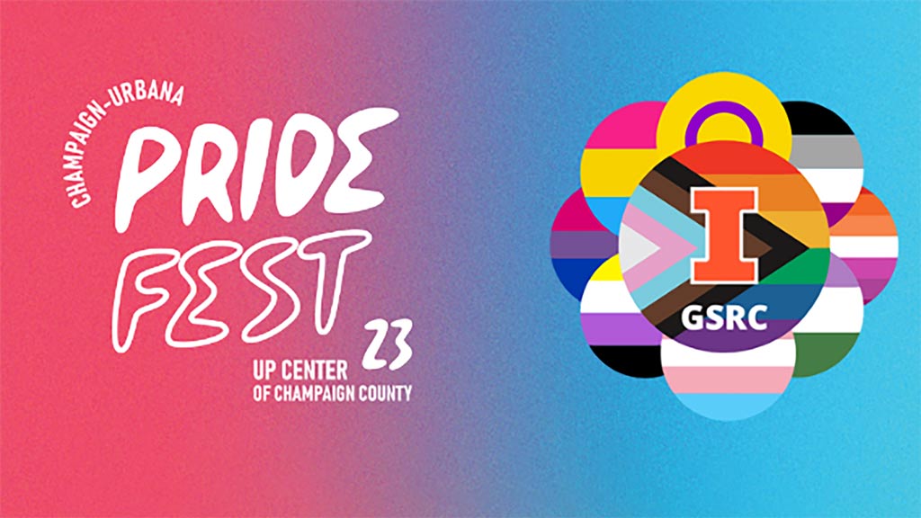 pink and blue background with Pride Fest logo and various circular pride flags