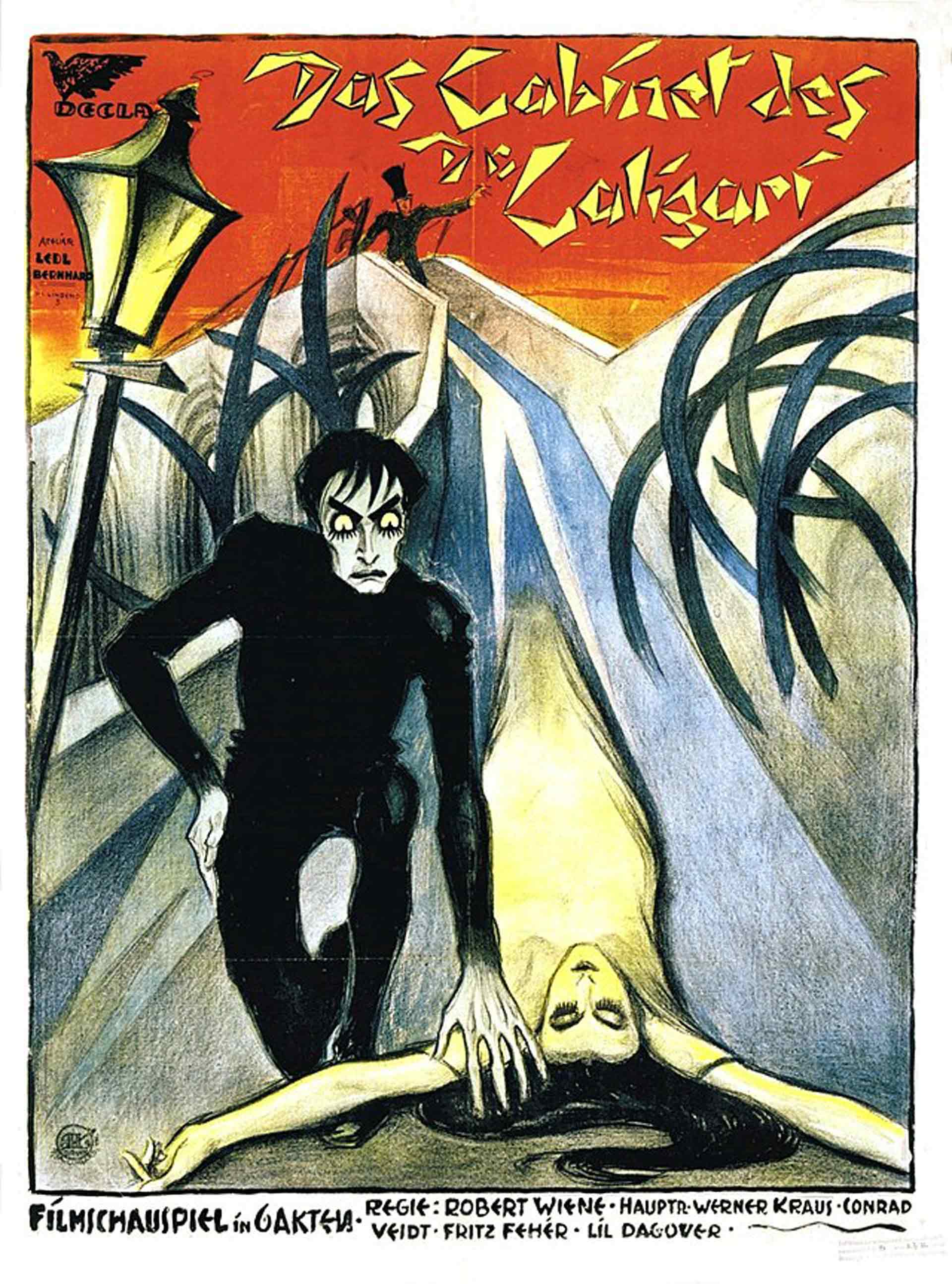 flyer with the movie title, Das Cabinet des Dr. Caligari, and full illustration of a man with black hair placing his hand on a woman