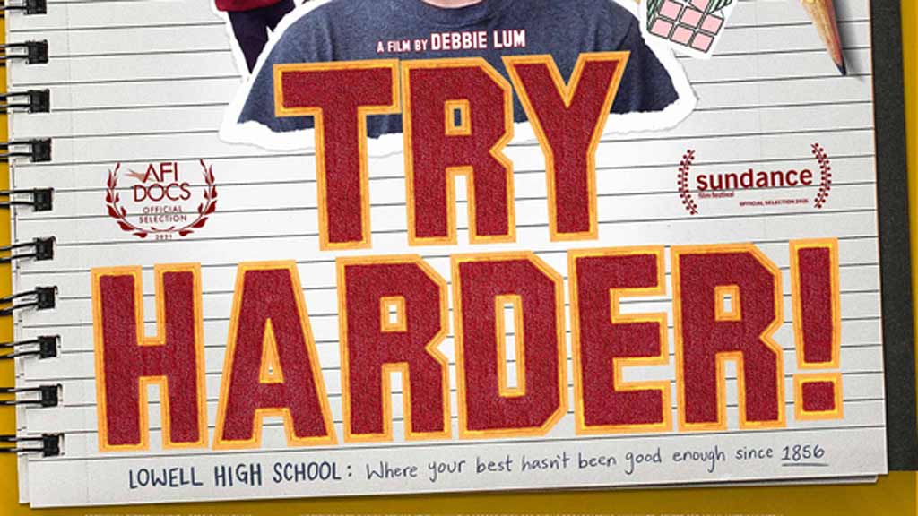 the words "try harder" in a collegiate font on lined notebook paper